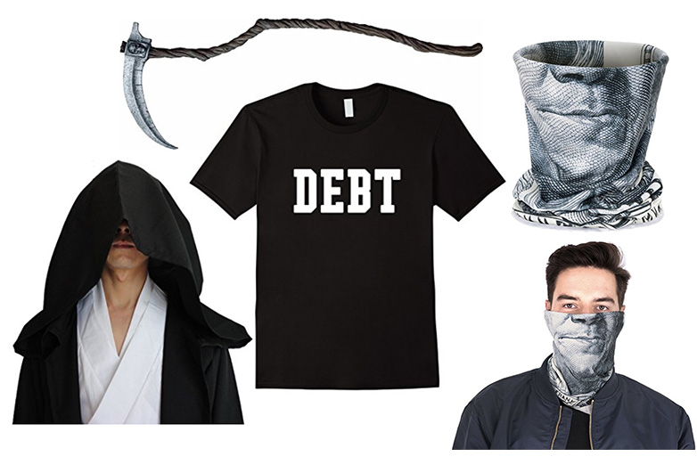 Items for a Debt Halloween costume with tee shirt hooded cloak and death sythe