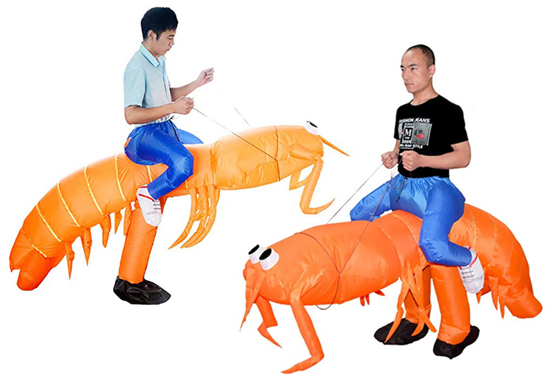 Two men riding blow up shrimp
