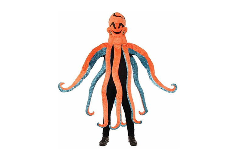 Man in black body suit with huge stuffed octopus mask that reaches almost to the floor