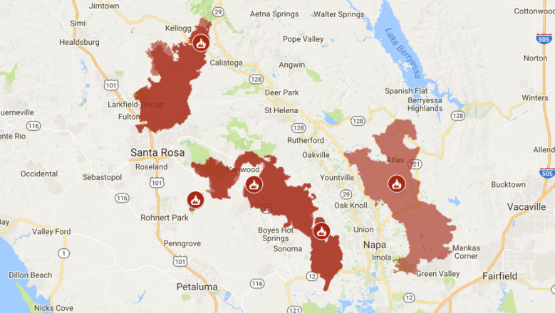 Santa Rosa Fire Map Location Of Napa Tubbs Atlas Fires Heavy Com