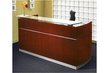Warm wooden reception desk with floating glass counter
