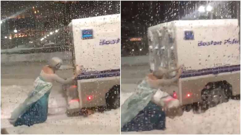 Watch Elsa Pushes Boston Police Van Out Of Snow