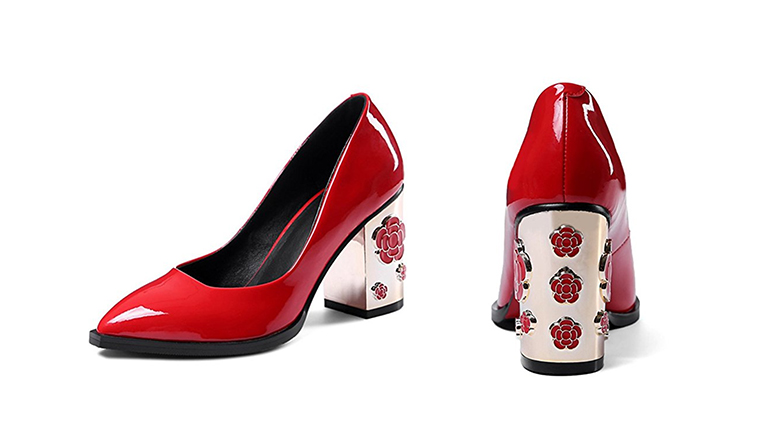 red mid block heels