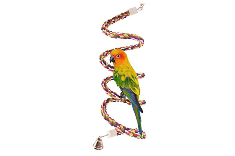 image of rainbow colored bungee bird perch toy, bird perch, parrot perch, parrot stand, parrot play stand
