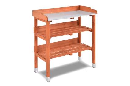 wood potting bench with galvanized top
