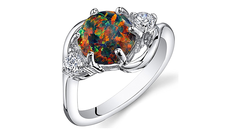 created black opal and cubic zirconia three stone silver ring