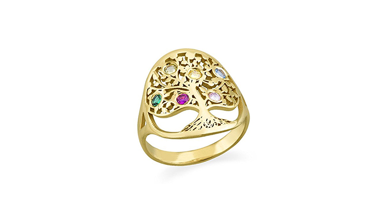 gold plated tree of life mother's ring with swarovski birthstones