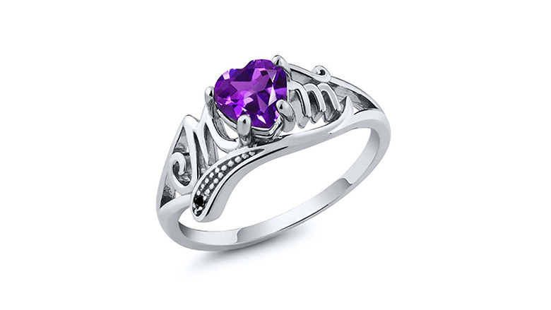 silver heart shaped amethyst and black diamond mother's ring