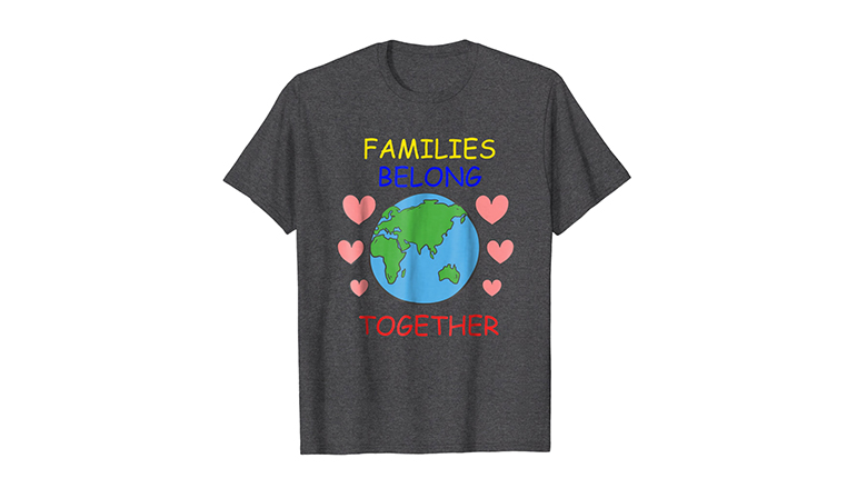 Families Belong Together protest shirt with globe and hearts