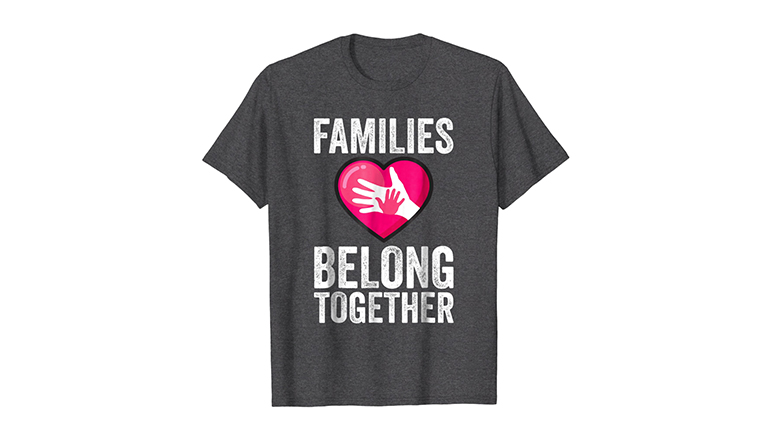 heather gray and pink families belong together tee shirt