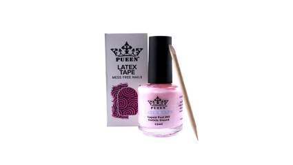 Pink bottle of pueen nail latex with box and orange stick
