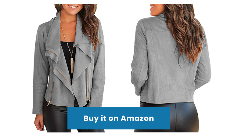 gray faux suede jacket with draped collar