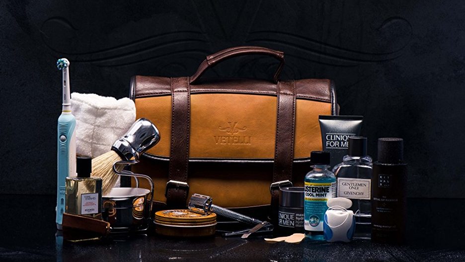NEW MENS SOFT LEATHER TOILETRY TRAVEL WASH BAG TRAVEL KIT OVERNIGHT GIFT 5214 