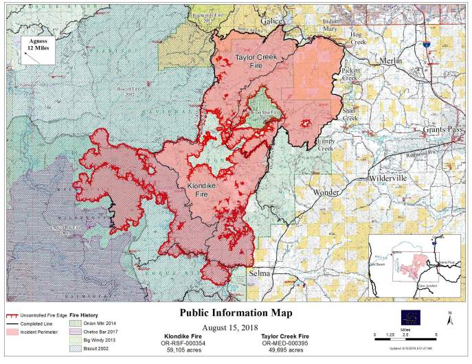 Klondike and Taylor Creek Fire Map August 15