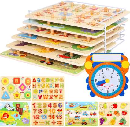 Wooden Toddler Puzzles and Rack Set