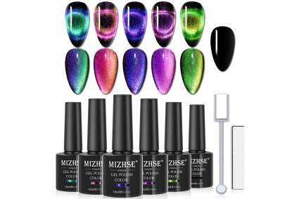 Colorful cat eye polish swatches with black bottles
