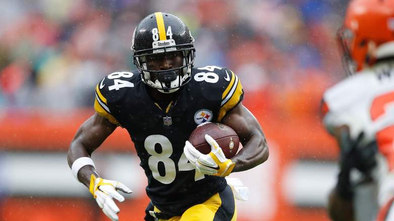 Oakland Raiders wide receiver Antonio Brown (84) warms up prior to an NFL  football game against …