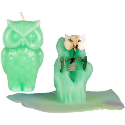 mint green owl candle with steel skeleon
