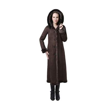 Long brown hooded faux shearling coat
