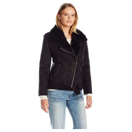 black faux suede and shearling moto jacket