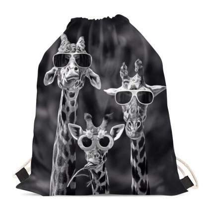 black and white sackpack with three giraffes wearing sunglasses
