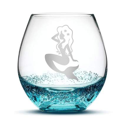 light blue mermaid stemless wine glass