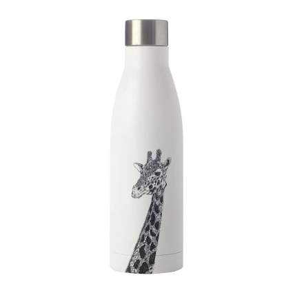 White stainless steel water bottle with giraffe illustration