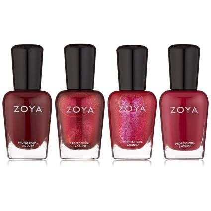 four red Zoya nail polish bottles