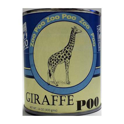Blue can of giraffe poop