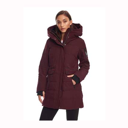 burgundy women's long down hooded jacket