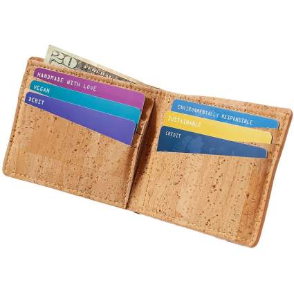 light tan cork wallet with fake cards