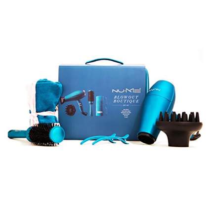 blue blow dryer and styling kit