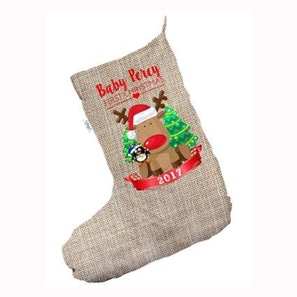 rudolf & penguin personalized first christmas stocking