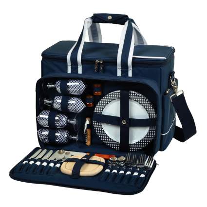 navy picnic cooler with dishes