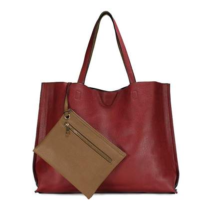 red vegan leather tote bag