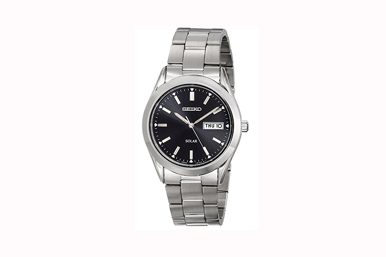 seiko silvertone black dial solar calendar watch