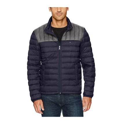 blue and gray men's packable down jacket