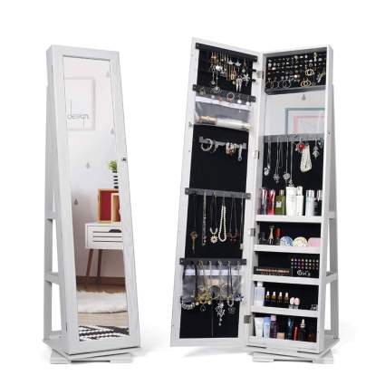 white standing jewelry armoire with mirror