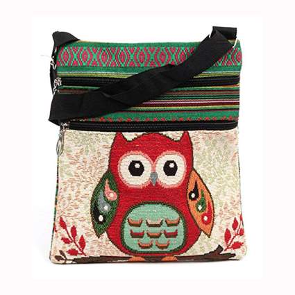 embroidered canvas owl crossbody bag