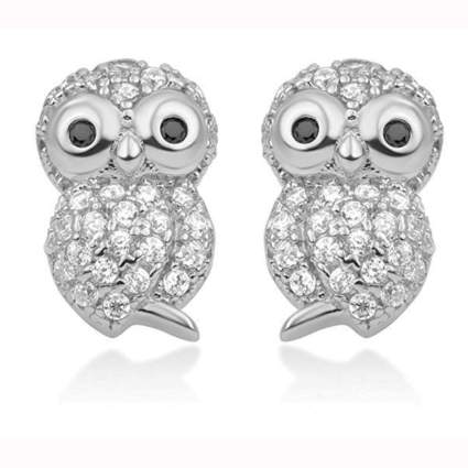 silver & cubic zirconia owl stud earrings