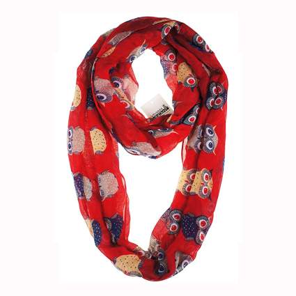red sheer owl print infinity scarf