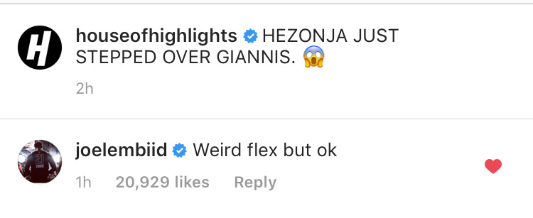 Joel Embiid Instagram comment Giannis