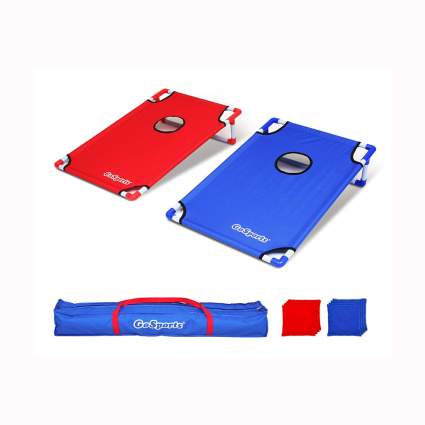 red and blue portable cornhole game