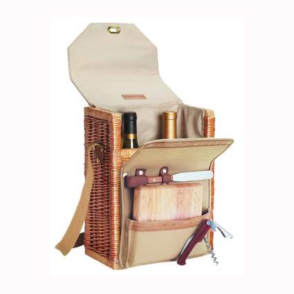 wine picnic basket with cheese accessories