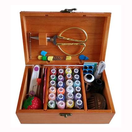 wooden sewing box with accessories