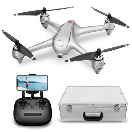 Silver drone with case and viewing controls