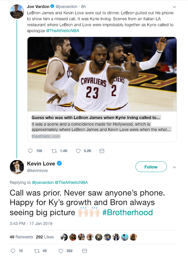 Kevin Love Responds To Lebron James Kyrie Irving Call Deletes Tweet 1774