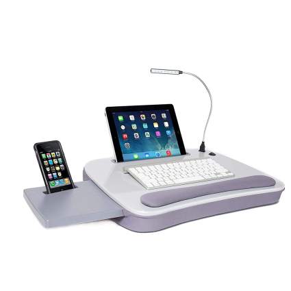 grey lap desk with phone stand
