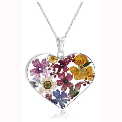 sterling silver pressed flower heart necklace