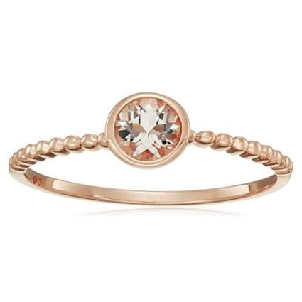 Rose Gold Morganite Round Solitaire Beaded Shank Stackable Ring